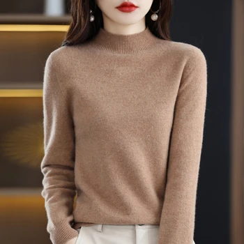 100% - os tisztaságú kasmír női pulóver, kötött, félig magas nyakú egyszínű, hosszú ujjú mélypont őszi-téli pulóver