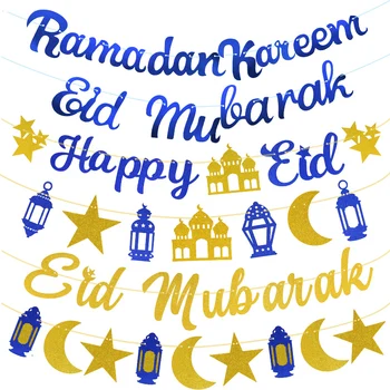 1set EID Mubarak Banner Csillogó Tükör Ramadan Kareem Dekorációs Füzér Sármány Banner Arany Royal Kék Ramadan Dekoráció Otthon