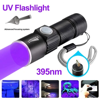 395Nm UV Lámpa Zseblámpa Blacklight USB Újratölthető LED-es Zseblámpa Vízálló Pet Vizsgálat Vizelet Fáklya Lámpa