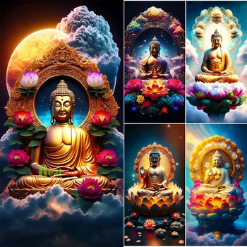 5D DIY Gyémánt Festmény Készletek Nagy Méretű Buddha Lotus Felhő Táj Teljes Fúró Gyémánt Hímzés Kastély Mozaik lakberendezés Y807
