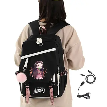 Anime DemonSlayer Perifériák Lányok Hátizsák, USB Töltő Port Tinédzser Laptop Hátizsák Iskola Táskák Anime Utazási Hátizsák
