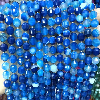 Csiszolt Természetes Kék Csíkos Agates Drágakő Kör Laza Távtartó Gyöngy Ékszerek Készítése, Kézzel készített DIY Karkötő Kiegészítők