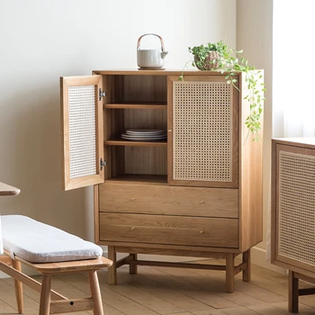Japán stílusú tömör fa tároló szekrények, háztartási rattan deszkát Modern, egyszerű, nagy tároló kapacitású konyha szekrények