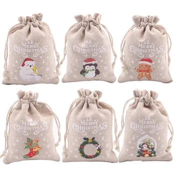 Karácsony gyönyörű, pamut vászon táska Mikulás gyermekek candy apple tároló táska Adventi beállítása egyszerű ajándék táska