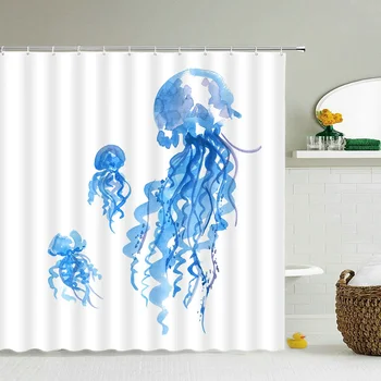 Kék Medúza Fürdő Függöny 3D Zuhany Függöny Beach Ocean Nyomtatás Fürdőszobában Vízálló Poliészter Szövet Dekoráció Képernyő