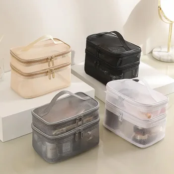 Nagy kapacitású háló ruhával smink táska utazási essentials kozmetikai Szervező Nők tisztálkodási táska Dupla réteg tervezési kozmetikai táska