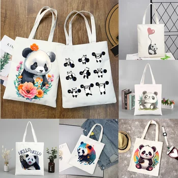 Panda Aranyos Nők Vászon Bevásárló Táska, fogantyúval Eco Összecsukható Újrafelhasználható Táska Könyv, Kulcs, Telefon Bevásárló Táska