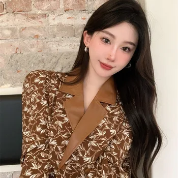 Pu bőr patchwork öltöny galléros női blúz vintage virágos póló 2023 őszi hongkongi stílus, hosszú ujjú elegáns női felsők