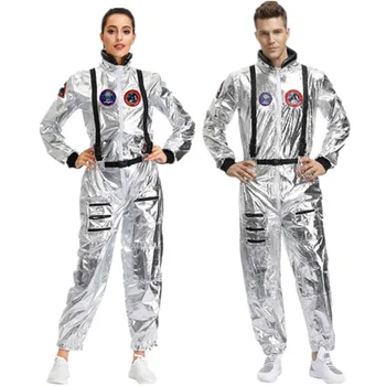 Párok Halloween Cosplay Űrhajós Jelmez Plus Size Ezüst Űrhajós Kezeslábas Pilóták Tér Ruha Divatos Party Ruha
