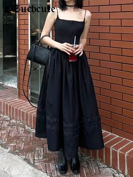 SUCHCUTE koreai Fekete Maxi Ruha Nők Gótikus Esztétikai Vékony, Ujjatlan Fél Ruha Vintage Streetwear Clubwear 90-es Nyári