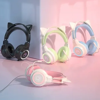 SY-G35 Vezetékes Macska Fülhallgató RGB Világító 360° - Os Noise Cancel Mikrofon, hi-fi Sztereó Hang PC, Laptop, vezetékes Fejhallgató, Fülhallgató Fülhallgató