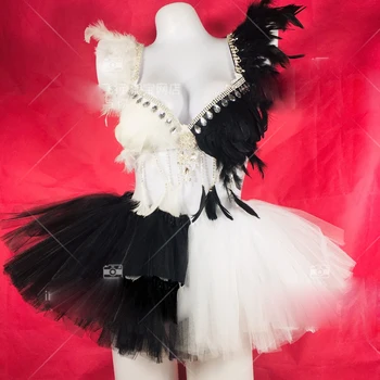 Szexi GogoHalf fekete, félig fehér, világító melltartó világító szoknya ruha rave bungee elektromos szótag led melltartó jelmez
