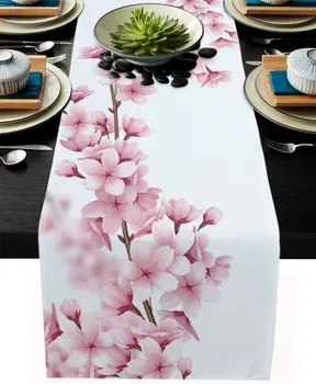 Tavaszi Cseresznyevirágzás Virágzó Téglalap Vászon Asztali Futó Rózsaszín Virág Komód Sálat, Asztali Futó Étkezési Esküvői Party Dekor