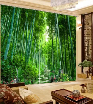 Természetes Gyönyörű 3D-s Függöny Zöld Függöny Bambusz-Erdőben, Virág Függöny Blackout Árnyékban, Ablak, Függöny